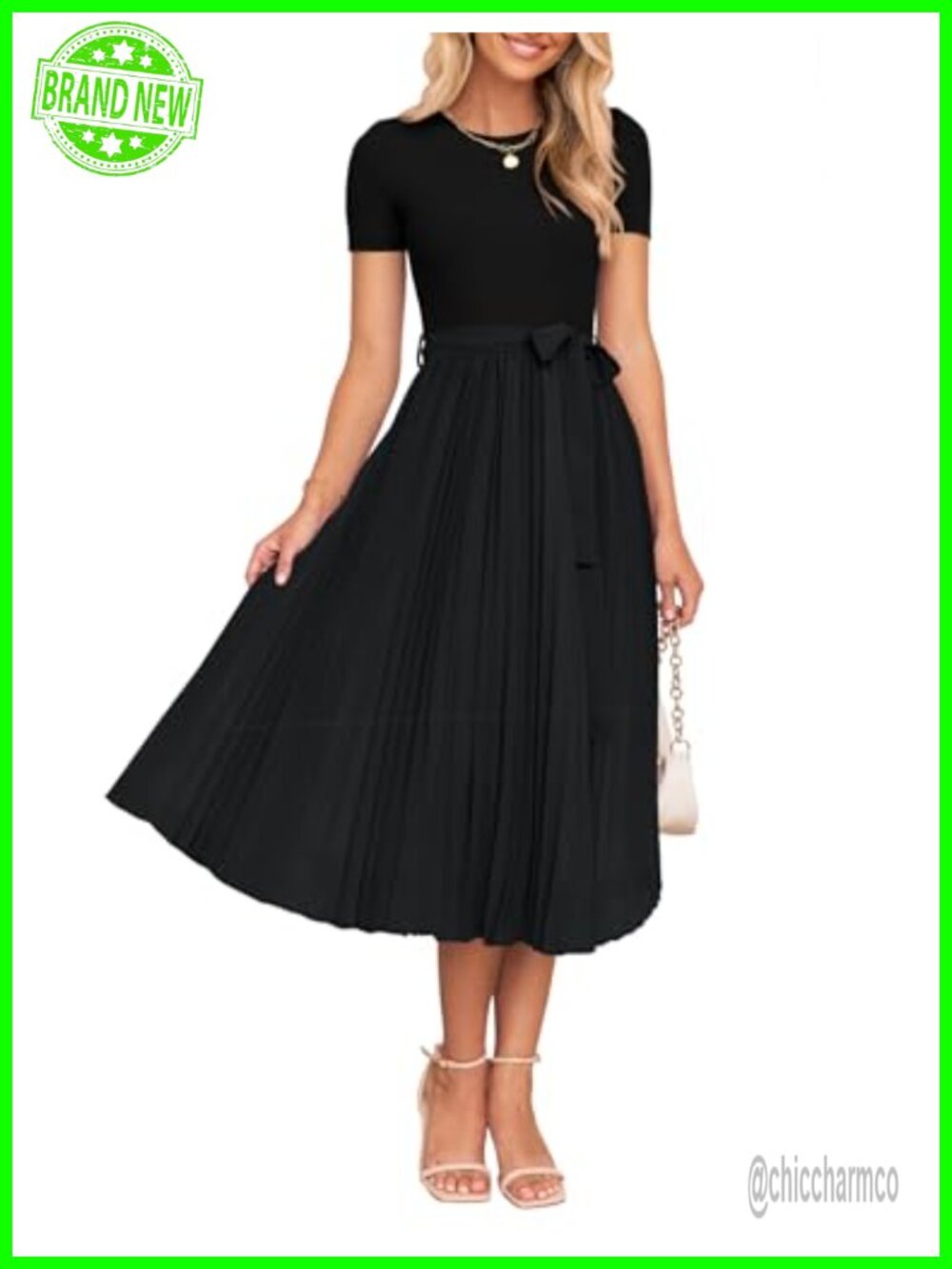 ZESICA Rib Knit Midi Dress Short Sleeve A-Line Belted Summer